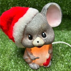 Vintage Gray Mouse Night Light with Santa Hat